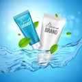 Cosmetics product advertising illustration poster. Vector cosmetic skincare bottle design with water