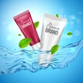 Cosmetics product advertising illustration poster. Vector skincare bottle design with water