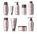 Cosmetics product bottles vector set. Mock up set of realistic package of elegant cosmetics product for advertising purposes.