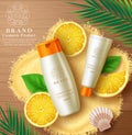 Cosmetics product mock up vector template design. Cosmetic sunscreen product with organic lemon essence for body and face skin.