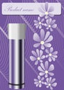 Cosmetics product sheet in trendy purple design, metallic container with white cap, tender lila flowers, wavy curves on