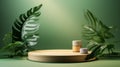 A cosmetics product stand graces the scene against a wooden backdrop and lush greenery