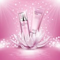 Cosmetics products advertising composition on pink sparkling background with lotus flower.