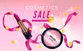 Cosmetics sale banner with lipstick, blush make up Royalty Free Stock Photo