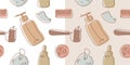 Cosmetics seamless pattern. Self care and body care linear icons. Vector cosmetic ornament. Royalty Free Stock Photo