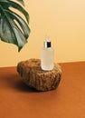 Cosmetics serum oil bottle modern podium of natural colors tropical plant leaf