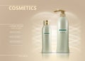 Cosmetics set vector realistic. Product package. Moisturizers tube containers. Cream bottles golden label designs