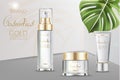 Cosmetics set vector realistic. Product package. Moisturizers tube containers. Cream bottles golden labels design