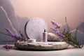 Cosmetics and Skin Care Products Presentation Scene with Lavender Flowers and Pumice Stone Podium, 3D Render, Nature Beauty