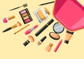 Cosmetics for skincare and makeup out of bag. Background for catalog or advertising Royalty Free Stock Photo