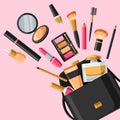 Cosmetics for skincare and makeup out of bag. Background for catalog or advertising Royalty Free Stock Photo