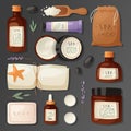 Cosmetics spa branding pack mockup natural body care bottle treatment hygiene product make-up vector illustration.