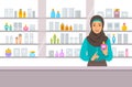 Cosmetics store arabic girl counter near shelves