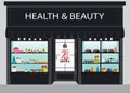 Cosmetics store building and interior with products on shelves.