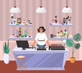 Cosmetics store. Shop assistant standing at counter, flat vector illustration. Shelves with health and beauty products.