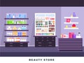 Cosmetics store interior with make up objects, shopping, beauty shop, cosmetic products, health and beauty with products