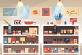 Cosmetics store interior with products on the shelves, shopping, beauty shop, cosmetic products, health and beauty. Flat
