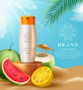 Cosmetics sunscreen product vector template design. Cosmetic sunblock products with tropical fruits like lemon and watermelon. Royalty Free Stock Photo