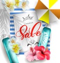 Cosmetics sunscreen products with tropical flowers. Summer sale concept. Vector template