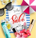 Cosmetics sunscreen products with tropical flowers. Summer sale concept. Vector template