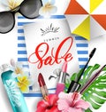 Cosmetics sunscreen products with tropical flowers. Summer sale concept. Vector template