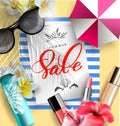 Cosmetics sunscreen products with tropical flowers. Summer sale concept. Vector template