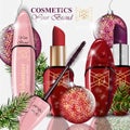 Cosmetics Vector Realistick. lipstick and mascara package. Christmas balls background. Colorful detailed products Royalty Free Stock Photo