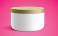 Cosmetics white container covered with a wooden lid, realistic vector mockup.