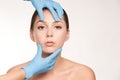 Cosmetologist apply mentoplasty. Beauty girl skin do Facelift at cosmetology spa. Women model treatment