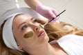 Cosmetologist applying a clay mask to the face of beautiful woman. Spa treatment and face care in the beauty salon Royalty Free Stock Photo