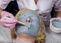 Cosmetologist applying facial mask to problem skin. young woman having face cleaning procedure Royalty Free Stock Photo