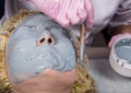 Cosmetologist applying facial mask to problem skin. young woman having face cleaning procedure Royalty Free Stock Photo