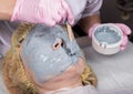 Cosmetologist applying facial mask to problem skin. young woman having face cleaning procedure Royalty Free Stock Photo