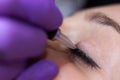Cosmetologist applying permanent makeup on eyes