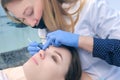 Cosmetologist bending lashes with needle into curlers, lift eyelashes laminaton. Royalty Free Stock Photo