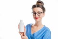 Cosmetologist with bottle Royalty Free Stock Photo