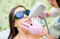 A cosmetologist carries out a procedure for laser hair removal from the body of a girl