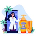 Cosmetologist doctor recommends using sunblock cosmetics. Sunscreen and woman on phone screen. Vector llustration