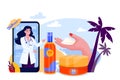 Cosmetologist doctor recommends using sunblock. Woman hand, phone screen, sunscreen bottle on beach. Vector illustration Royalty Free Stock Photo