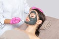 Cosmetologist does a mud mask to cleanse the skin and anti-wrinkle on the face of a beautiful woman, spa treatments and