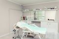 Cosmetologist empty office with care cosmetics and massage table in a modern beauty salon- Minsk, Belarus- August 20