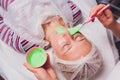 cosmetologist with the help of a special make-up brush makes a therapeutic spa mask from green algae against aging of a Royalty Free Stock Photo