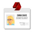 Cosmetologist Identification Badge Vector. Woman. Name Tag Template. Health. Doctor. Medical Specialist. Isolated Flat