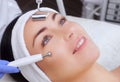 The cosmetologist makes the apparatus a procedure of Microcurrent therapy of a beautiful, young woman in a beauty salon