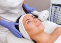 The cosmetologist makes the procedure Cryotherapy of the facial skin Royalty Free Stock Photo