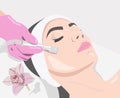 The cosmetologist makes the procedure Microdermabrasion of the face skin of a beautiful girl in a beauty salon.