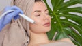 The cosmetologist makes the procedure treatment of Couperose and face cleaning of the skin of a beautiful, young woman in a beauty Royalty Free Stock Photo