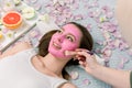 Cosmetologist smears cosmetic facial mask on the face of the pretty young woman in the spa salon. Face mask, spa beauty