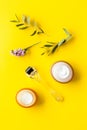 Cosmetologist tools. Dermaroller, creams near leaves and flowers on yellow background top-down flat lay