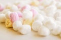 Organic cotton balls background for morning routine, spa cosmetics, hygiene and natural skincare beauty brand product as